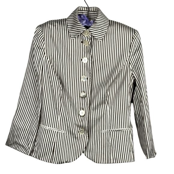 Lauren Ralph Lauren Striped Blazer Size 8 Cotton Silk Brown White - Picture 1 of 10